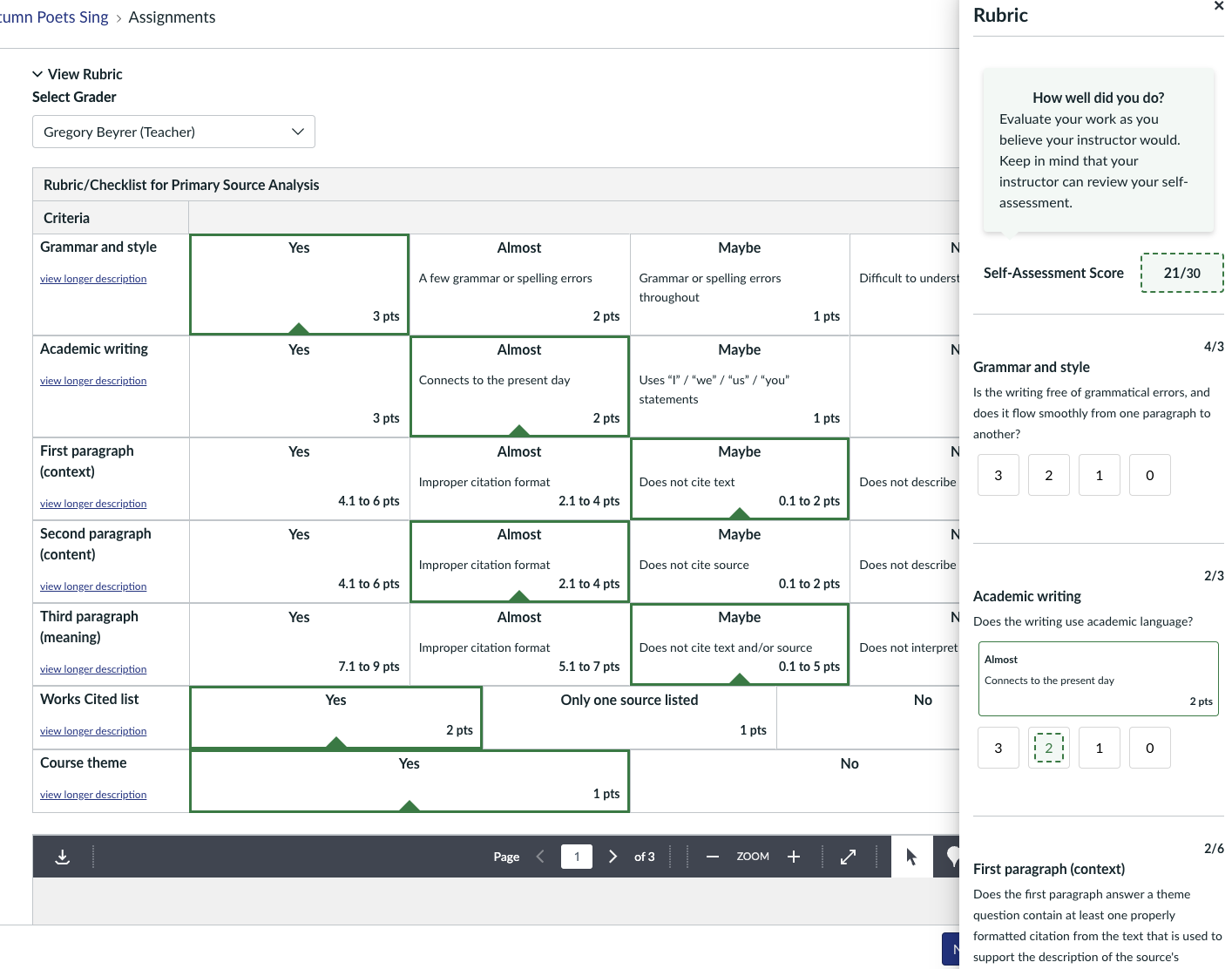 Student self-assessment overlays the instructor's assessment